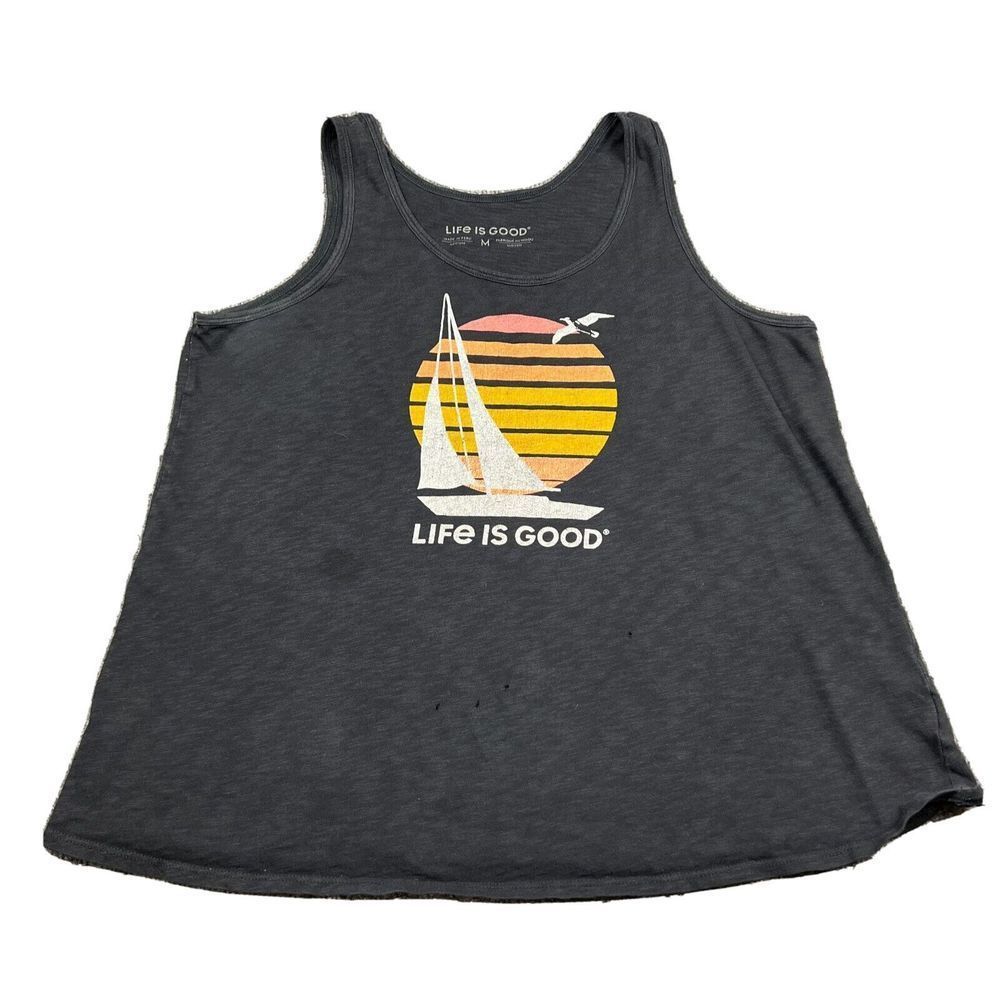 Life Is Good Sunset Sailboat Seagull Tank Top Adult Medium Black Sleeveless Tee